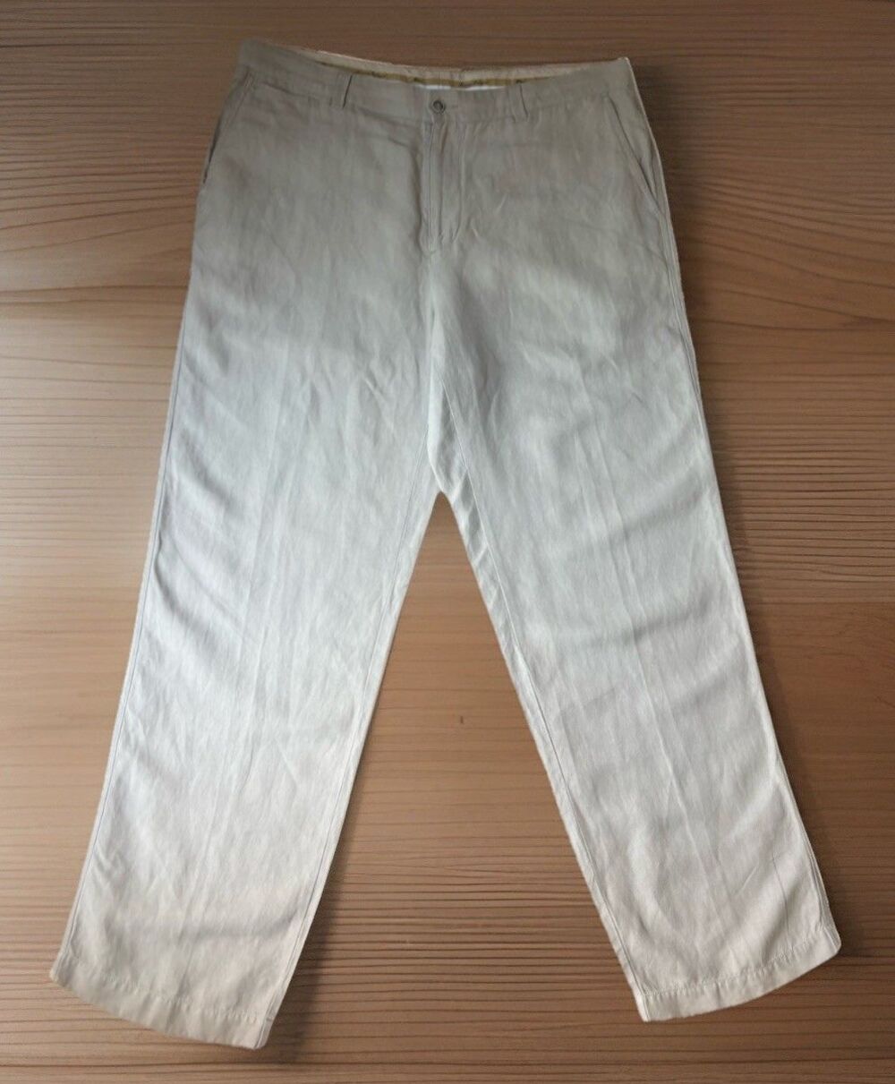 Tommy Bahama Linen Silk Pants 36x32 Beige Flat Front Authentic Casual Dress